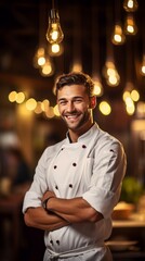 Fototapeta premium A skilled chef works in a restaurant kitchen, with bokeh in the background.