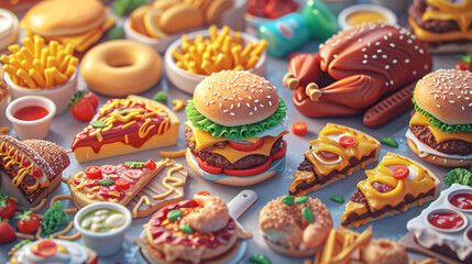 Fototapeta na wymiar Vibrant 3D Vector Illustration of Fast Food Delights A Symphony of Street Food Icons Including Pizza and Tacos