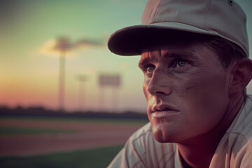 A lone man stands in the grass, his human face shadowed by a baseball cap, as the sky above transforms into a fiery sunset backdrop