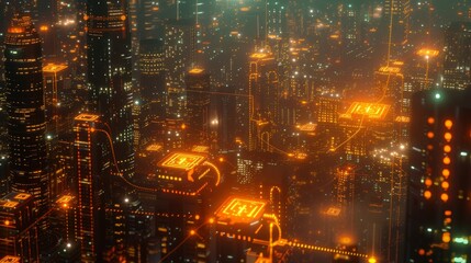 A metropolis glows with amber lights, casting a golden hue over the towering skyscrapers and bustling city streets below