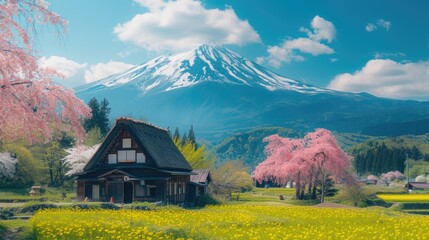 countryside japan with blooming cherry blossoms and traditional Japanese village at Mount Fuji area.