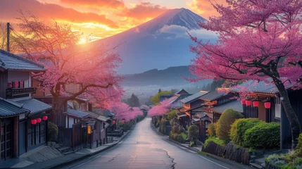 Fotobehang countryside japan with blooming cherry blossoms and traditional Japanese village at Mount Fuji area. © ANEK
