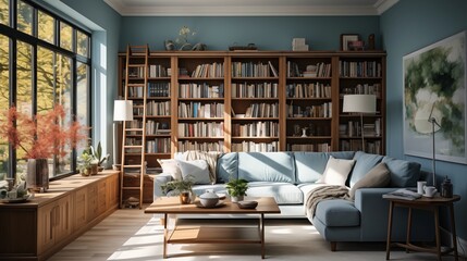 A classic living room with a blue sofa, a wood bookcase, a white chair, and a desk lamp with a soft light - obrazy, fototapety, plakaty