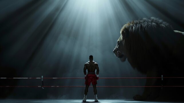 A fierce confrontation between a determined athlete and a ferocious predator in the intense arena of boxing