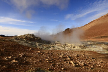 Hverarönd is a hydrothermal site in Iceland with hot springs, fumaroles, mud ponds and very active solfatares. It is located in the north of Iceland