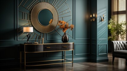 A contemporary entryway with a console table, a round mirror, a geometric wallpaper, and a metal coat rack