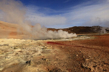 Hverarönd is a hydrothermal site in Iceland with hot springs, fumaroles, mud ponds and very active solfatares. It is located in the north of Iceland