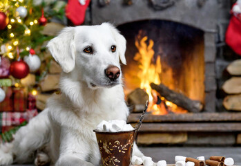A Large White Dog in Front of a Fireplace