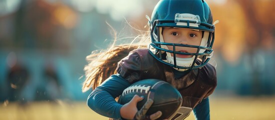 Portrait of young girl American football player running with ball in a match. AI generated