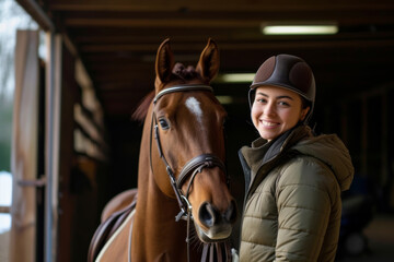 Obraz premium A smiling woman stands confidently next to a majestic sorrel stallion, dressed in equestrian attire and surrounded by horse supplies, showcasing the bond between human and horse through the use of a 