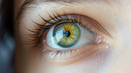 Fototapeta premium Close-up image of a beautiful female eye with green iris. Open eye, macro photography. The concept of hyperrealism. Template for ophthalmology clinic.