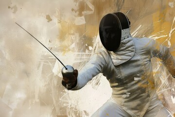 A skilled warrior brandishes their weapon, ready to conquer the great outdoors in their fencing attire - obrazy, fototapety, plakaty