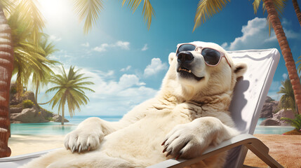 Eisbär mit Sonnenbrille auf einer Liege am Strand - obrazy, fototapety, plakaty