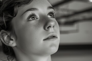 Naklejka premium A contemplative woman gazes off to the side, her expressive face adorned with carefully applied makeup, highlighting her striking features in this monochromatic portrait