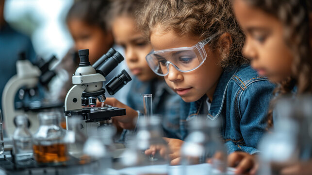 Children look through microscopes in a bright scientific laboratory