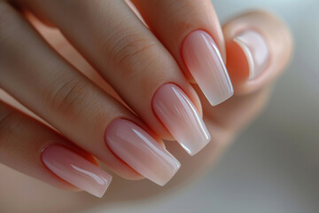 Closeup to woman hands with elegant neutral colors manicure. Beautiful pale pink gel polish manicure on long square nails on neutral gray background
