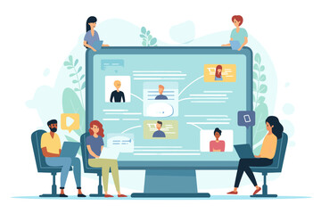 Business People Engaging in Online Group Chat, Video Conference Meetings, Concept of Team Conversation Technology, Online Discussion Board for Collaborative Dialogue