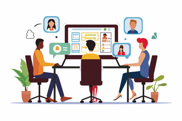 Business People Engaging in Online Group Chat, Video Conference Meetings, Concept of Team Conversation Technology, Online Discussion Board for Collaborative Dialogue