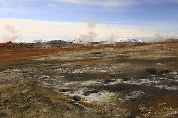 Hverarönd is a hydrothermal site in Iceland with hot springs, fumaroles, mud ponds and very active solfatares. It is located in the north of Iceland