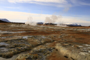 Hverarönd is a hydrothermal site in Iceland with hot springs, fumaroles, mud ponds and very active solfatares. It is located in the north of Iceland