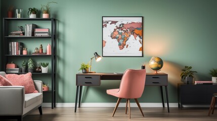 A eclectic office with a green desk, a pink chair, a gallery wall, and a globe.
