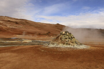 Hverarönd is a hydrothermal site in Iceland with hot springs, fumaroles, mud ponds and very active solfatares. It is located in the north of Iceland