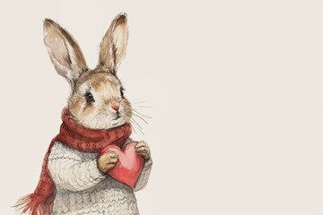 Charming watercolor of a rabbit clutching a heart, with a red scarf and gray sweater, exuding a gentle, loving aura.