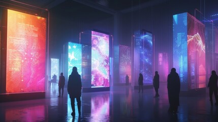A mesmerizing display of illuminated art captivates a group of people in a dark room, evoking a sense of wonder and intrigue in the stillness of the night