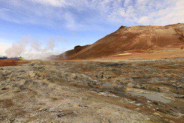 Hverarönd is a hydrothermal site in Iceland with hot springs, fumaroles, mud ponds and very active solfatares. It is located in the north of Iceland