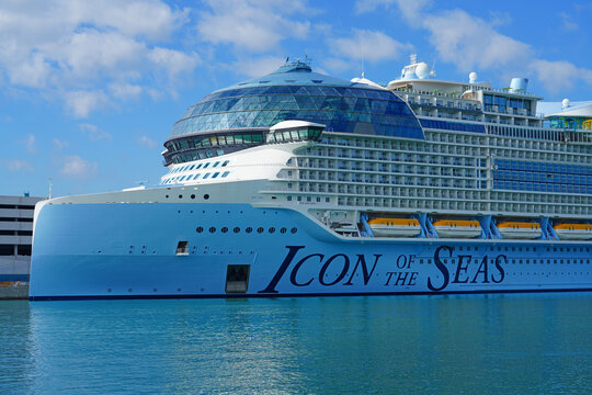 MIAMI BEACH, FL -3 FEB 2024- View of the Icon of the Seas by Royal Caribbean International, the largest cruise ship in the world, at Port Miami in Florida, United States, on the Atlantic Ocean.