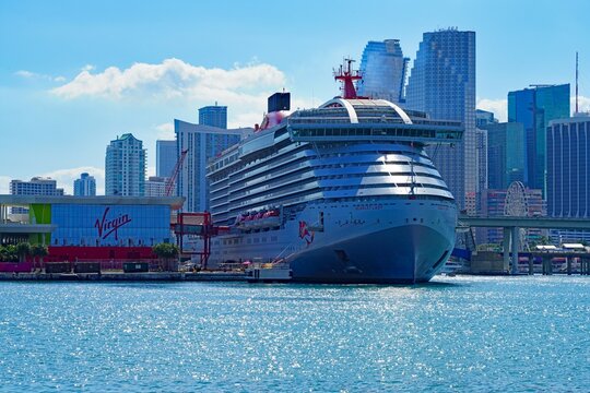 MIAMI BEACH, FL -2 FEB 2024- View of the Scarlet Lady cruise ship by Virgin Voyages at Port Miami in Florida on the Atlantic Ocean, the largest cruiseship port in the US.