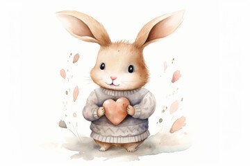 Fototapeta premium Cute bunny with a heart, watercolor illustration, perfect for Valentine's Day and children's decor