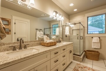 Modern Bathroom Vanity with Granite Countertops and Dual Sinks in New Home Interior