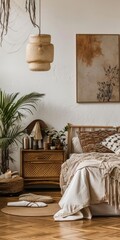 Cozy Home: Vintage Bedroom Interior Design with Mock-Up Poster Frame