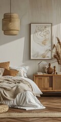 Cozy Home: Vintage Bedroom Interior with Poster Frame, Stylish Bed, and Personal Accessories