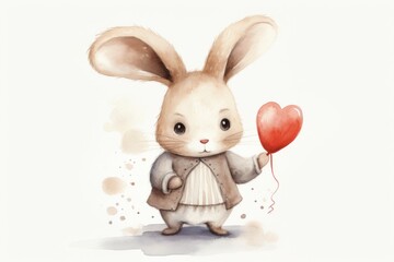 Obraz na płótnie Canvas Adorable watercolor rabbit holding a red heart balloon, ideal for Valentine's cards and nursery decor.