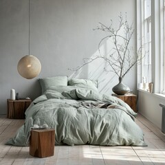 Serene Scandinavian Bedroom: Modern Dutch Apartment Interior with Pastel Green Bedding and Minimalist Furniture