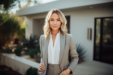 Confident female american real estate agent standing outside modern home, ready to assist buyers