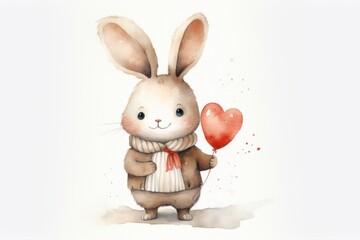 "A joyful rabbit with a red heart balloon, soft watercolor tones on a white backdrop.