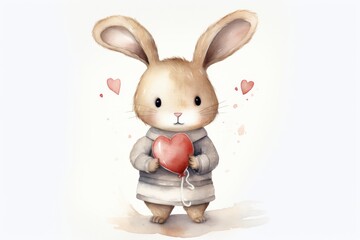 Obraz na płótnie Canvas Adorable watercolor rabbit holding a heart-shaped balloon, ideal for Valentine's decor, children's illustrations, and greeting cards.