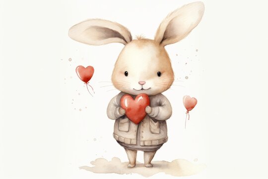 Cute bunny with a heart, watercolor illustration, perfect for Valentine's Day and children's decor.