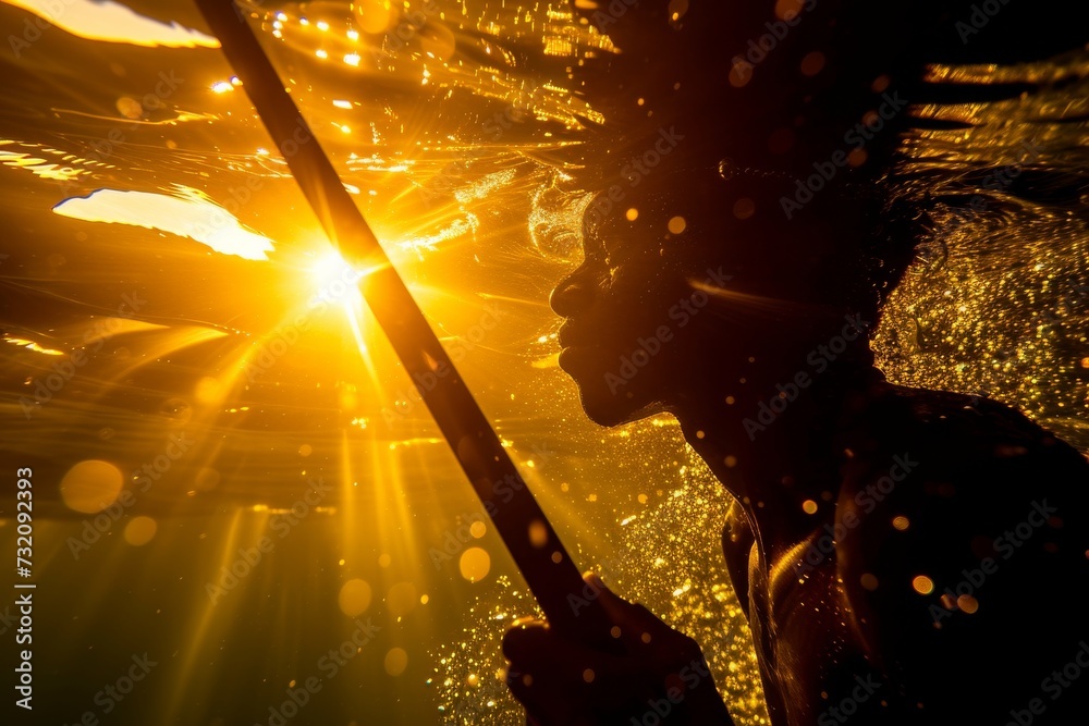 Poster a lone figure basks in the golden glow of the setting sun, their silhouette highlighted by a lens fl