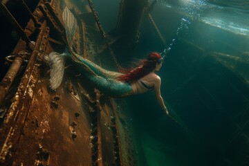 A graceful mermaid dives deep into the crystal clear waters, her iridescent tail propelling her through the underwater world with ease - obrazy, fototapety, plakaty