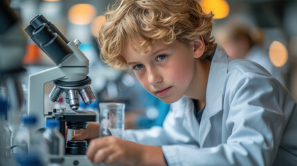 Children look through microscopes in a bright scientific laboratory
