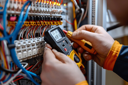 Close up of Electrician Hands Examining Fusebox