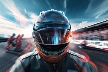 A daring racer donning a sleek motorcycle helmet gazes at the endless sky, ready to conquer the open road and leave all competition in the dust - obrazy, fototapety, plakaty