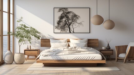 A minimalist bedroom with a white sofa, a wood bed, a gray pillow, and a ceiling light with a bright bulb