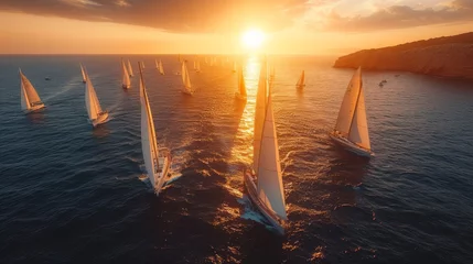 Poster Sailing sailboats in perfect formation on crystal clear blue sea captured by aerial drone © Viktoria