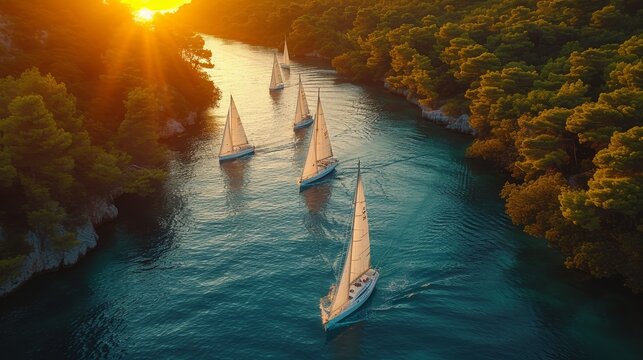 Aerial view of beautiful sailboats sailing in formation on crystal clear blue sea