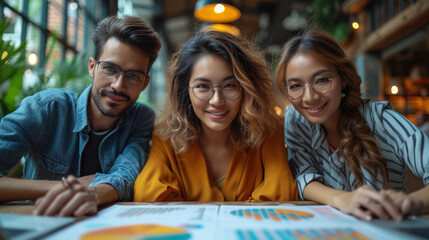 Business team working on a project in the office behind a table or reviewing and discussing a business project. IT workers in the office